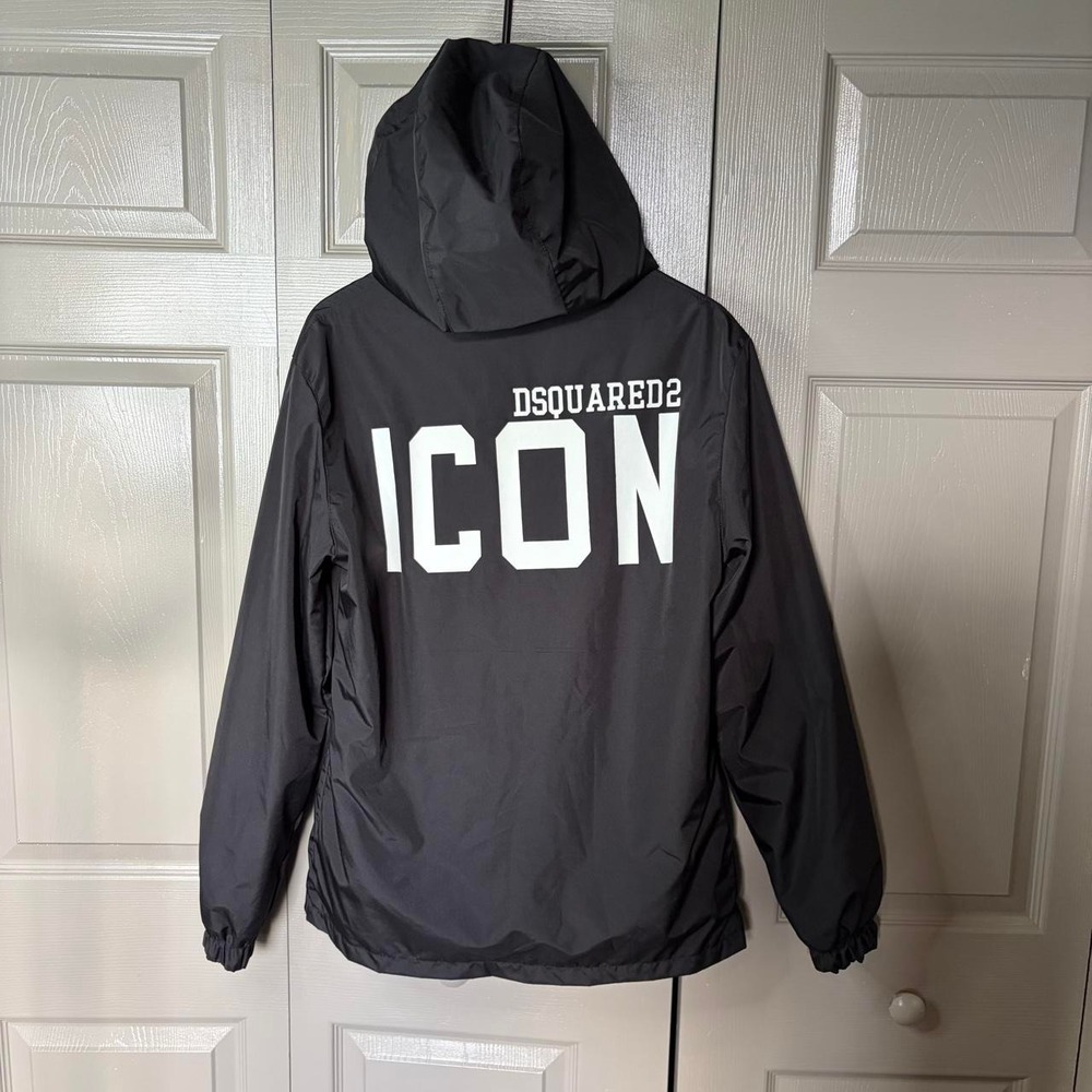 DSQUARED2 Icon Windbreaker Jacket Mens Large Black Hooded Full Zip Logo Coat